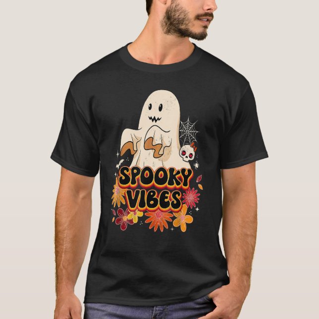 Groovy Halloween Spooky Vibes Retro Floral Ghost C T-Shirt (Vorderseite)
