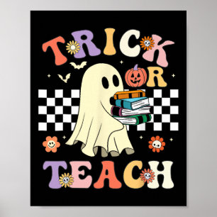 Groovy Halloween Trick oder lehren Retro Blumengho Poster