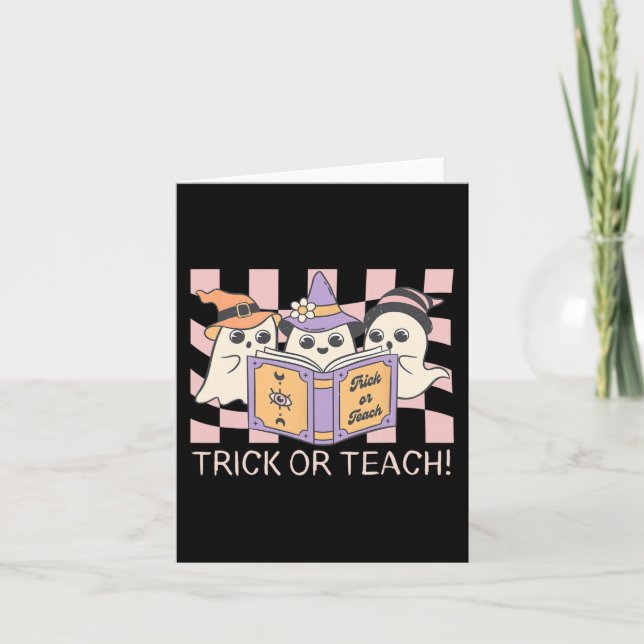 Groovy Halloween Trick oder Teach Retro Ghost Teac Karte (Vorderseite)