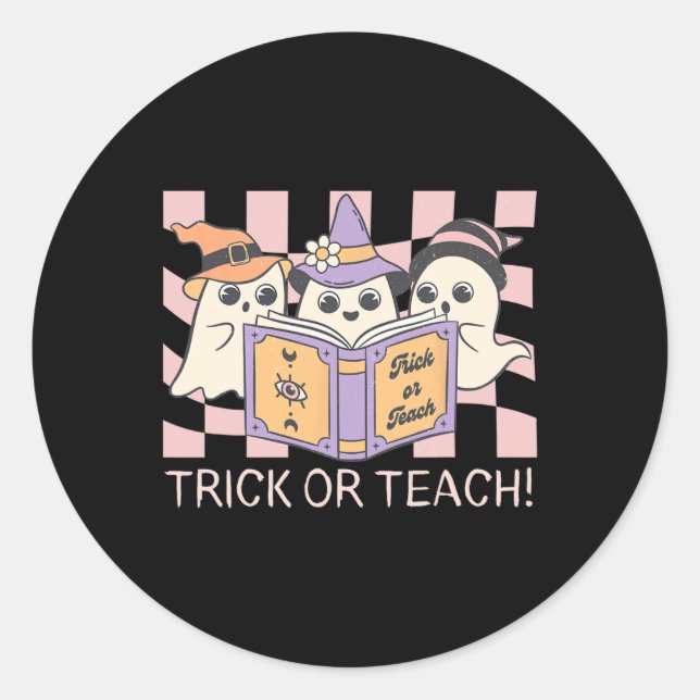 Groovy Halloween Trick oder Teach Retro Ghost Teac Runder Aufkleber (Vorderseite)