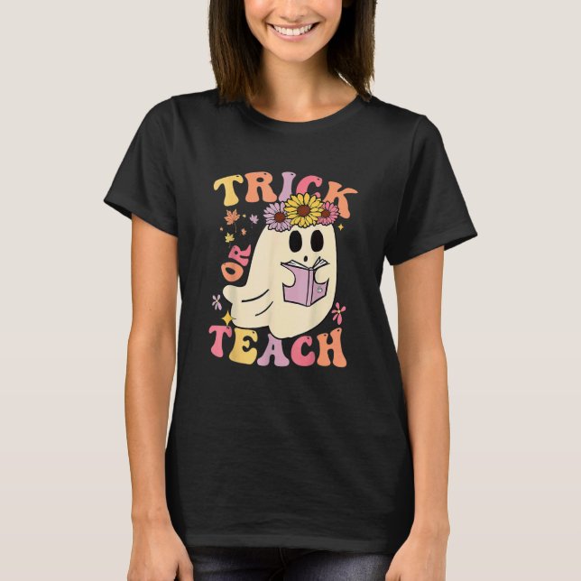 Groovy Halloween Trick or Teach Retro Floral Ghost T-Shirt (Vorderseite)