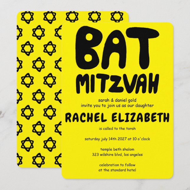 Groovy Handlettering Custom Bat Mitzvah Bold Stars Einladung (Vorne/Hinten)