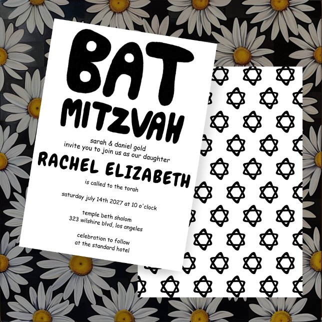 Groovy Handlettering Custom Bat Mitzvah Bold Stars Einladung (Groovy Handlettering Custom Bat Mitzvah Bold Black and White Stars Invitation
)