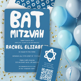 Groovy Handlettern Custom Bat Mitzvah Blue Stars Einladung