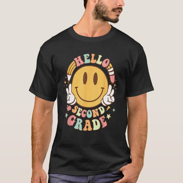 Groovy Hello Second Grade Smile Happy Zurück T-Shirt (Vorderseite)