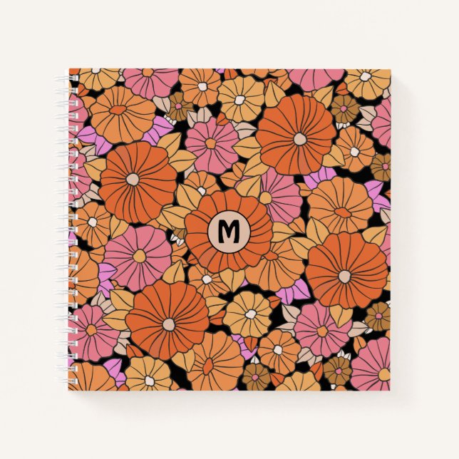 Groovy Hippie Blume Power Monogram Notizbuch (Vorderseite)