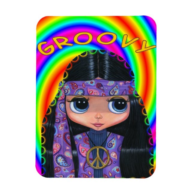 Groovy Hippie Girl Doll Peace Sign Niedlich Big Ey Magnet (Vertikal)