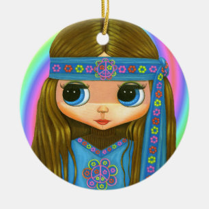 Groovy Hippie-Küken im blauen Friedenszeichen Keramik Ornament