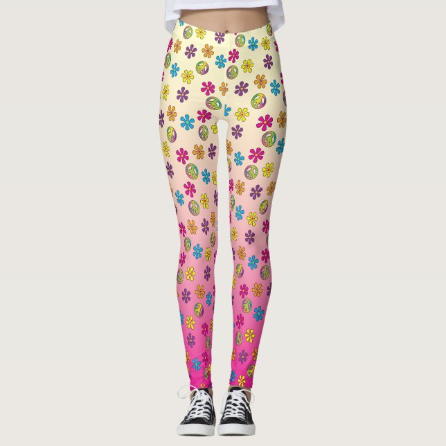Groovy Hippie Peace and Blume Dusche rosa Fackel Leggings (Vorderseite)
