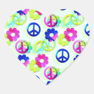 Groovy Hippie Peace Signs Blume Power Aqua Herz-Aufkleber