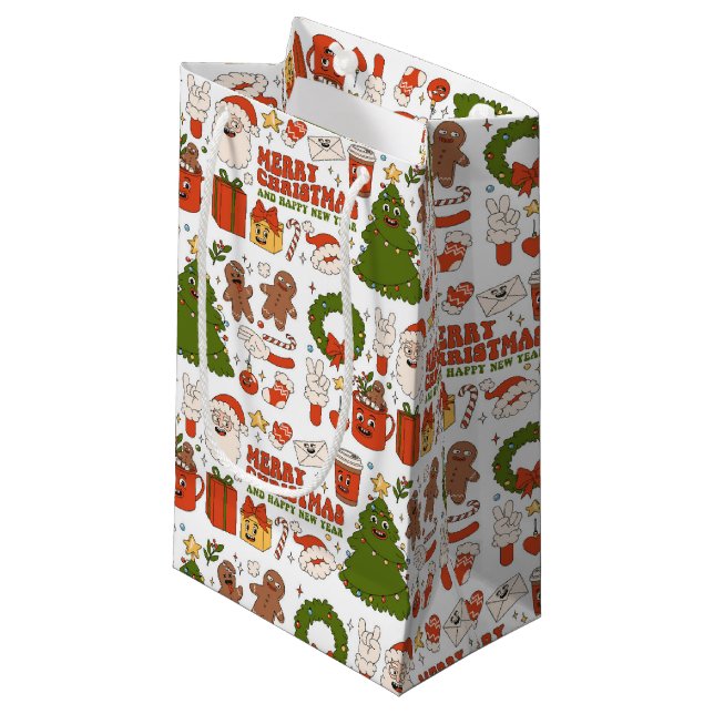 Groovy Hippie Retro Frohe Weihnachten Weihnachten Kleine Geschenktüte (Vorderseite Schrägansicht)