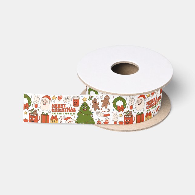 Groovy Hippie Retro Frohe Weihnachten Weihnachten Satinband (Spule)