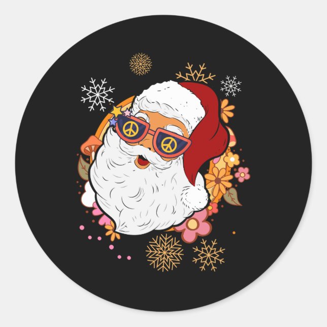 Groovy Hippie Santa Claus Floral Peace Signor Retr Runder Aufkleber (Vorderseite)
