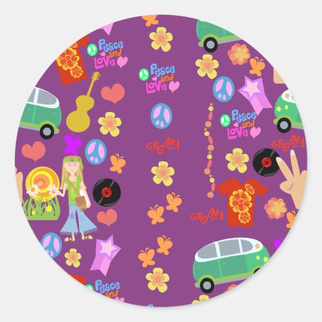 Groovy Hippy Vibes Lila Muster Kunst Runder Aufkleber (Vorderseite)