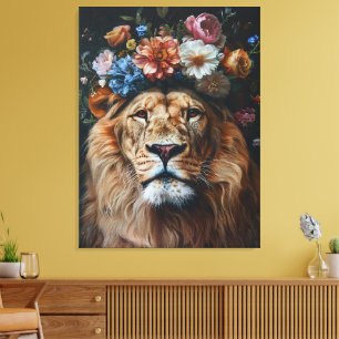 Groovy King: Retro Lion mit einer Blumenkrone Leinwanddruck