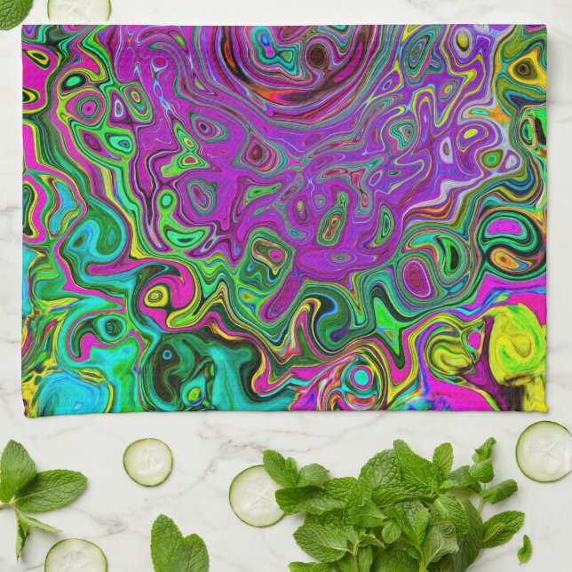 Groovy Lila Abstrakt Retro Liquid Swirl Geschirrtuch (Gefaltet)