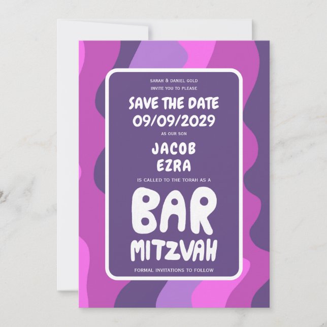 Groovy Lila Waves Custom Bat Bar Bnai Mitzvah Save The Date (Vorderseite)