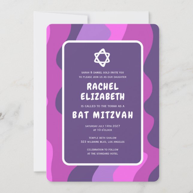 Groovy Lila Waves Star David Custom Bat Mitzvah Einladung (Vorderseite)