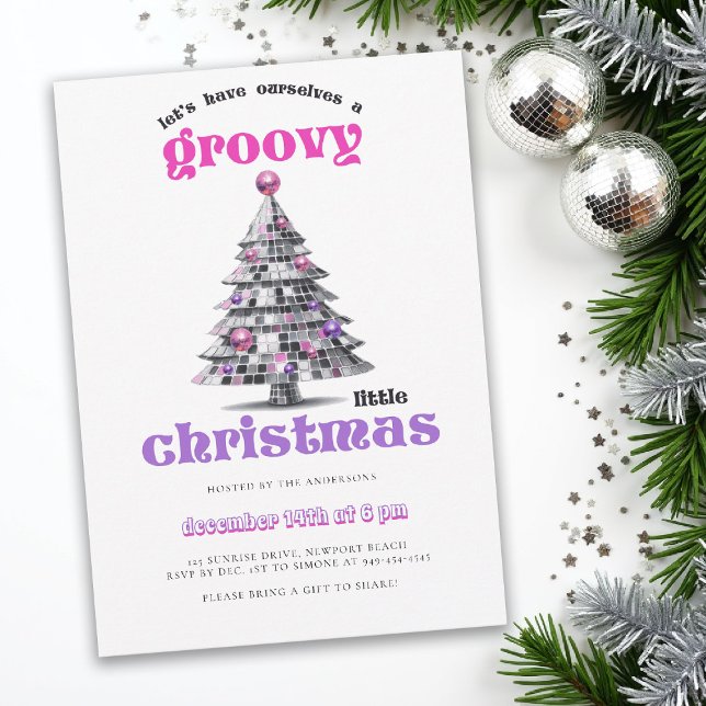 Groovy Little Christmas Disco Ball Christmas Party Einladung (christmas party invitation corporate business disco tree groovy 70s hot pink black elegant fun)