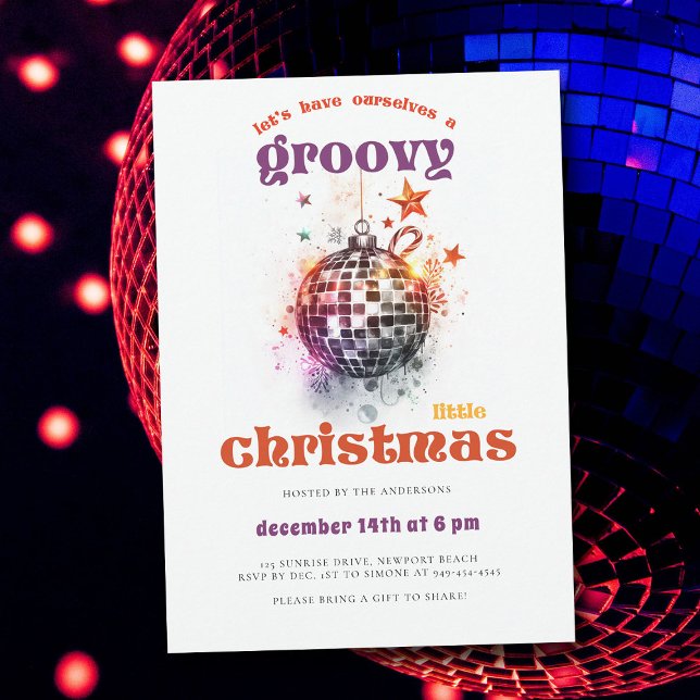 Groovy Little Christmas Disco Ball Weihnachtsfest  Einladung (groovy little christmas ball bauble hippie 70s nostalgia retro vintage party invitation)