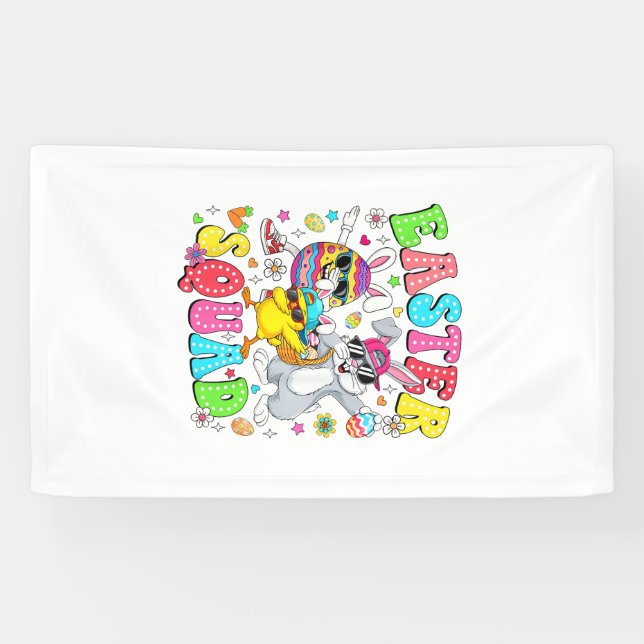 Groovy Lustiger Hase Ei Küken Ostern Squad Tag Män Banner (Horizontal)