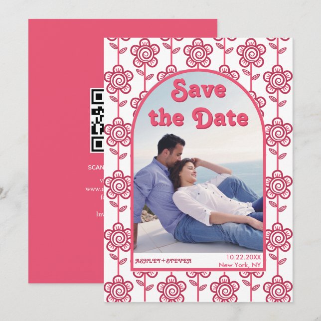 Groovy magenta und rosa Blume 70er inspiriert Foto Save The Date (Vorne/Hinten)
