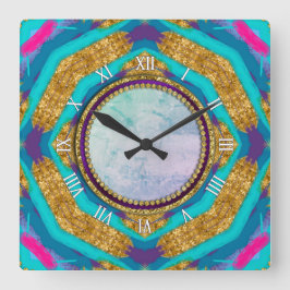Groovy Mandala Aqua Blue Lila Wall Clock Quadratische Wanduhr