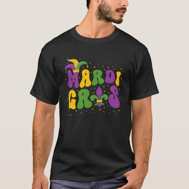 Groovy Mardi Gras Purple Yellow Green Beads Mask F T-Shirt (Vorderseite)