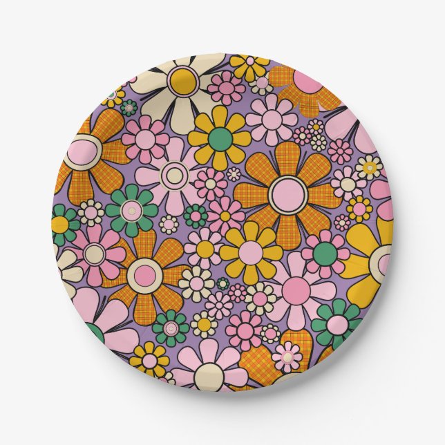 Groovy Maximalist Retro-Garten-Gingham-Blumen Pappteller (Vorderseite)