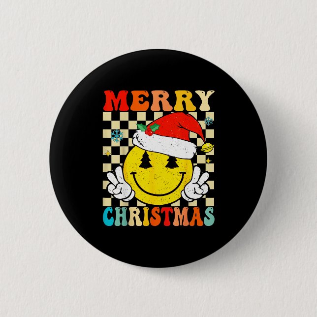Groovy Merry Christmas Smile Face Santa Hat Xmas T Button (Vorderseite)