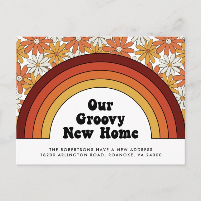 Groovy New Zuhause Rainbow Retro Neue Adresse Ankündigungspostkarte (Vorderseite)