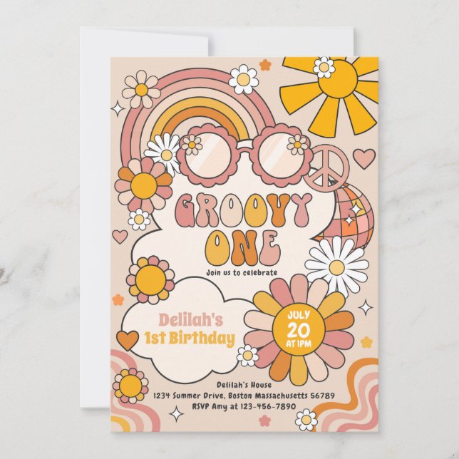Groovy One 70s Flower Power Rainbow Birthday Party Einladung (Vorderseite)