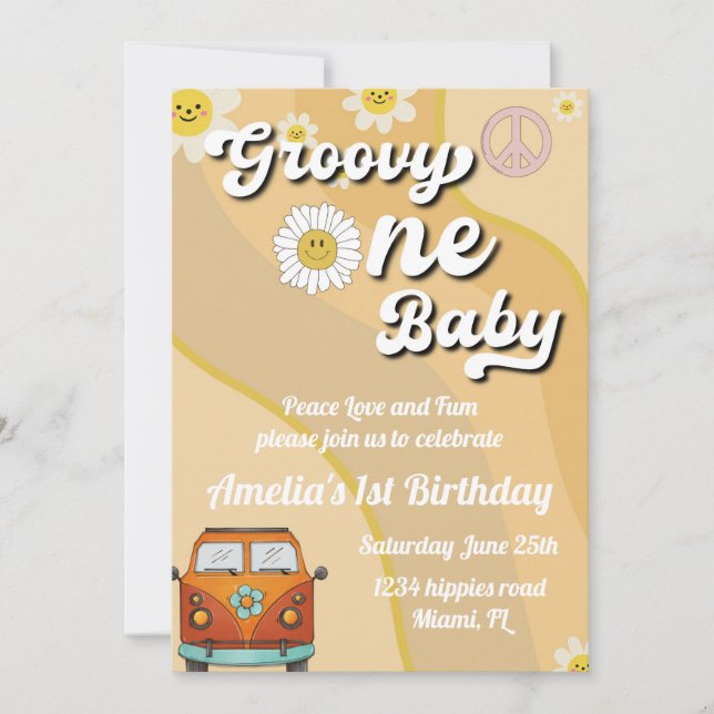 Groovy One Baby Einladung zum Geburtstag, 1. Gebur (Vorderseite)