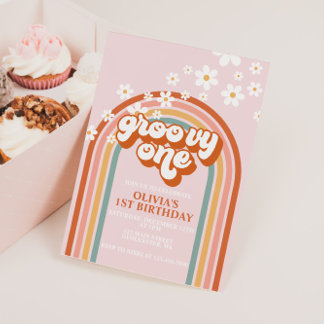 Groovy One boho daisy Regenbogen erster Geburtstag Einladung