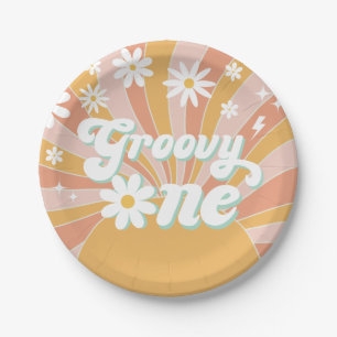 Groovy One Boho Retro Daisy Sunshine Floral Pappteller
