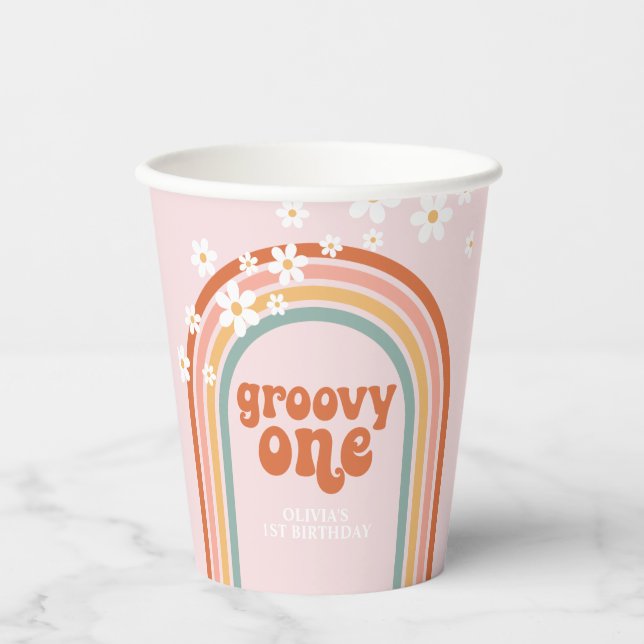 Groovy One daisy hippie Regenbogen erster Geburtst Pappbecher (Vorderseite)