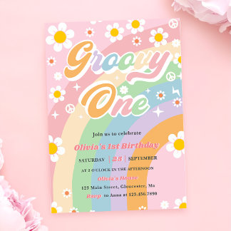 Groovy One Daisy Rainbow 1. Geburtstag Party Einladung