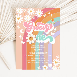 Groovy ONE Daisy Rainbow Hippie Retro Birthday Einladung
