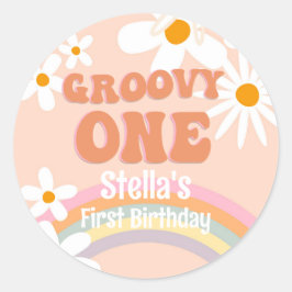 Groovy One Daisy Retro Rainbow Runder Aufkleber