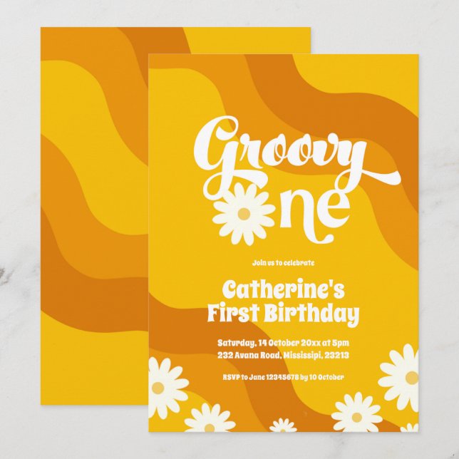 Groovy One Einladung zum ersten Geburtstag (Vorne/Hinten)