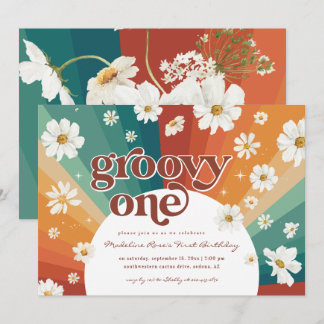 Groovy One erster Geburtstag | Retro Daisy Rainbow Einladung