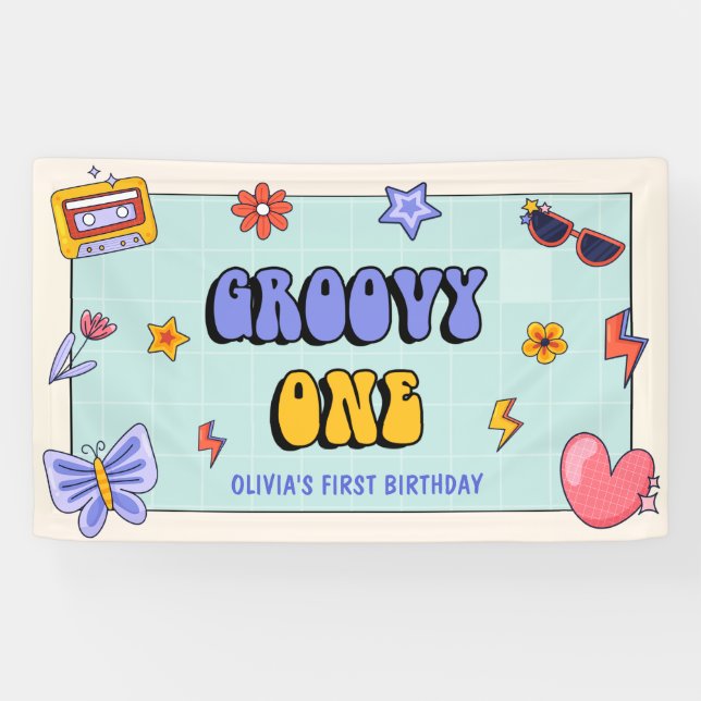 Groovy One Hippie Retro Geburtstagsparty Banner (Horizontal)