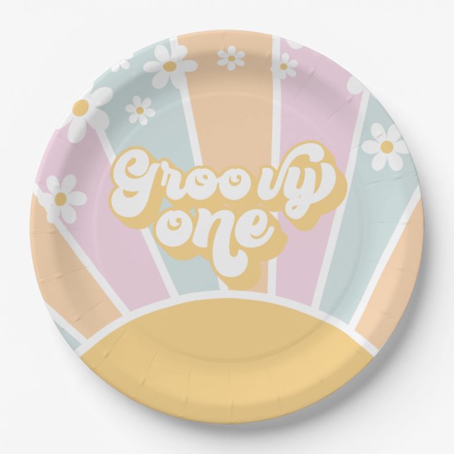 Groovy One pastel Retro Sunshine daisy boho Pappteller (Vorderseite)