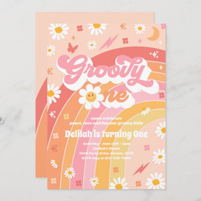 Groovy One Peace Liebe Party Rainbow Birthday Part Einladung (Vorne/Hinten)