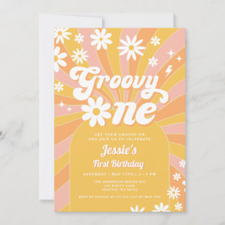 Groovy One Pink Daisy Sunshine 70's 1. Geburtstag Einladung