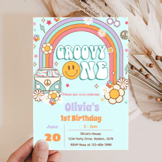 Groovy One Rainbow Blume 1. Geburtstag Einladung