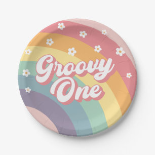 Groovy One Retro 70er Rainbow Daisy 1. Geburtstag Pappteller