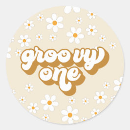 Groovy One Retro Daisy 1. Geburtstag Runder Aufkleber