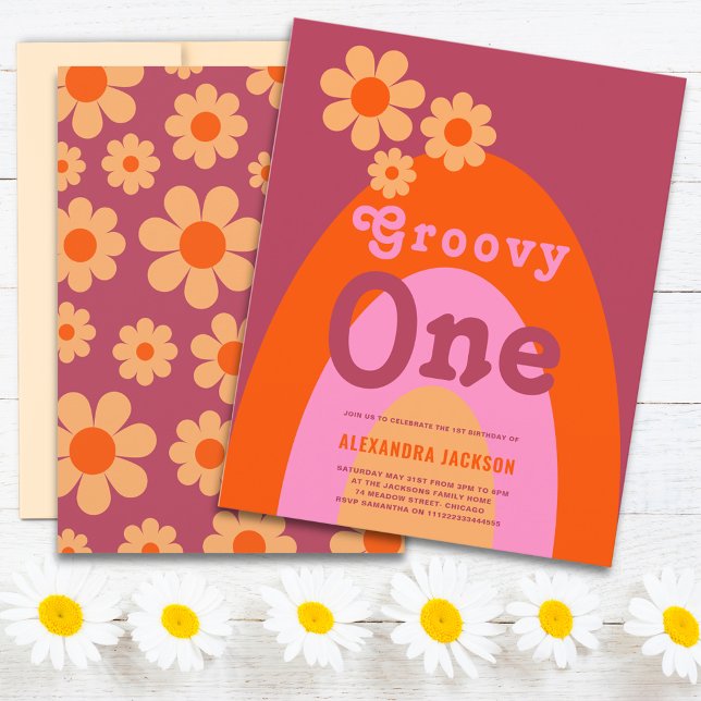 Groovy One Retro Daisy Arch 1. Geburtstag Party (Groovy one retro daisy arch orange pink yellow 1st birthday party budget invitation )