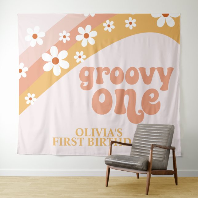 Groovy One Retro Daisy Birthday Banner Wandteppich (Beispiel (Horizontal))